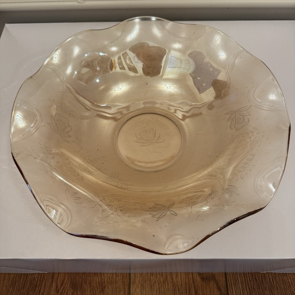 Mid Century Vintage Jeanette Glass Floragold Louisa Carnival 9" Ruffled‎ Bowl